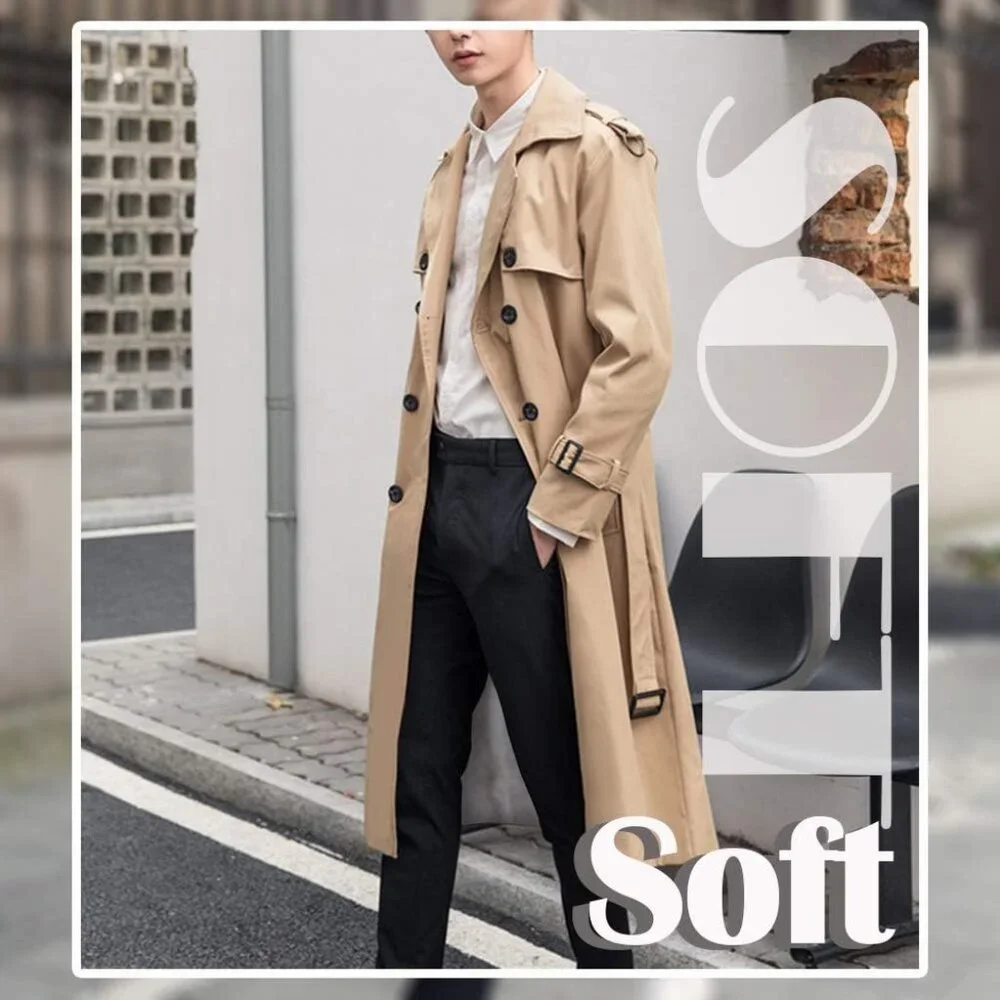 💫 Men Cream Long Trench Coat Oversized Casual windbreaker Double Breasted Coat